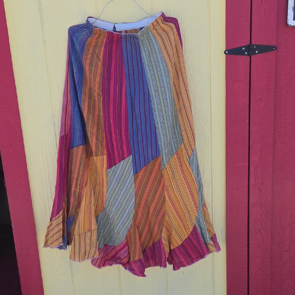 Bohemian Multicolor Striped Patchwork Skirt - Vibrant Circle Skater Style